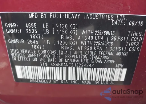 2017 Subaru Outback 2.5I Limited z USA, uszkodzony, nr VIN 4S4BSANC2H3224243